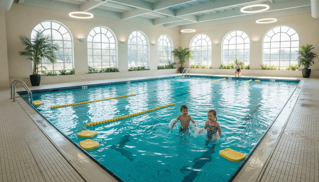 A bright, warm indoor pool at Little Otters Swim School